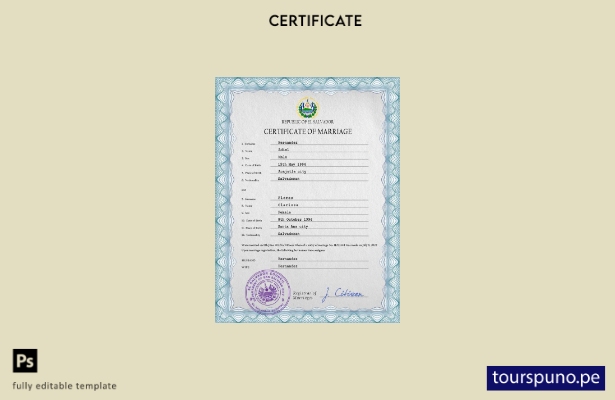 Plantilla PSD de certificado de matrimonio de Salvador listo para imprimir