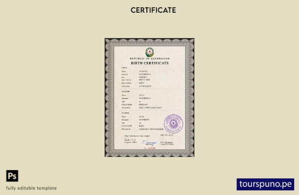 Plantilla PSD de certificado de nacimiento de Azerbaiyán listo para imprimir