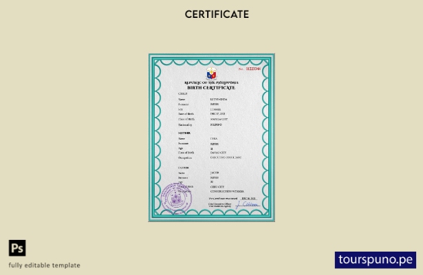 Plantilla PSD de certificado de nacimiento de Filipinas lista para imprimir