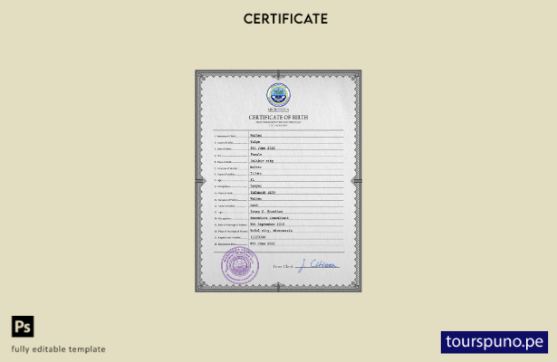 Plantilla PSD de certificado de nacimiento de Micronesia lista para imprimir