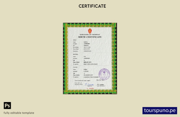 Plantilla PSD de certificado de nacimiento de Noruega lista para imprimir