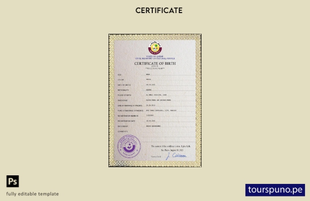 Plantilla PSD de certificado de nacimiento de Qatar lista para imprimir