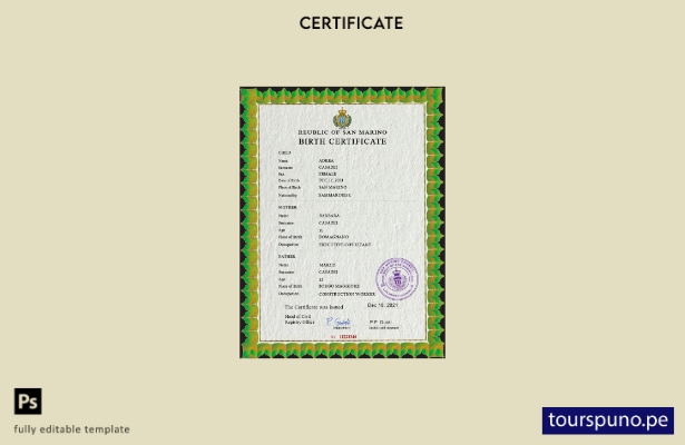 Plantilla PSD de certificado de nacimiento de San Marino listo para imprimir