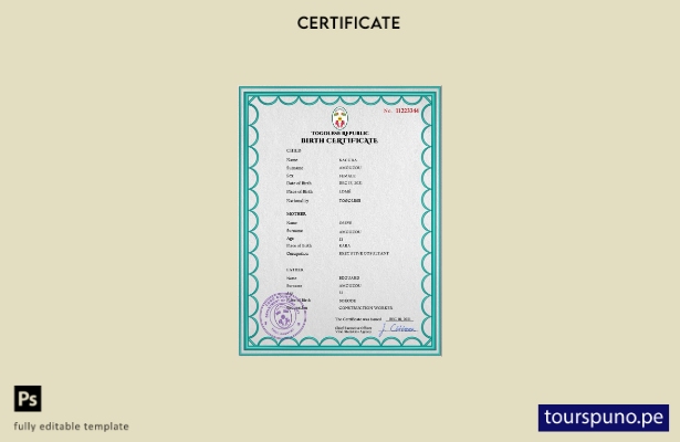 Plantilla PSD de certificado de nacimiento de Togo listo para imprimir