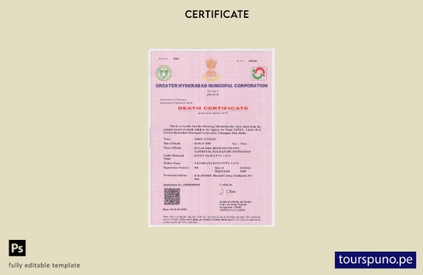 Plantilla de certificado de defunción de India lista para imprimir en formato PS
