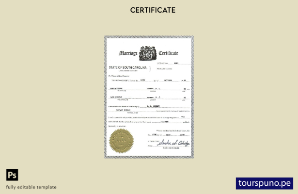 Plantilla de certificado de matrimonio de Carolina del Sur de EE. UU. lista para
