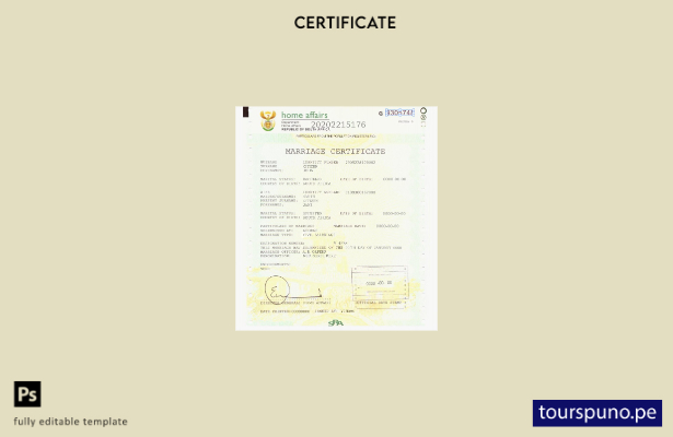 Plantilla de certificado de matrimonio de Sudáfrica lista para imprimir en forma