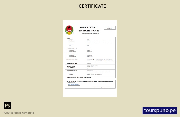 Plantilla de certificado de nacimiento de Guinea Bissau lista para imprimir