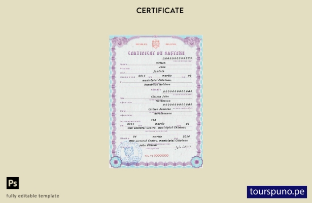 Plantilla de certificado de nacimiento de Moldavia lista para imprimir