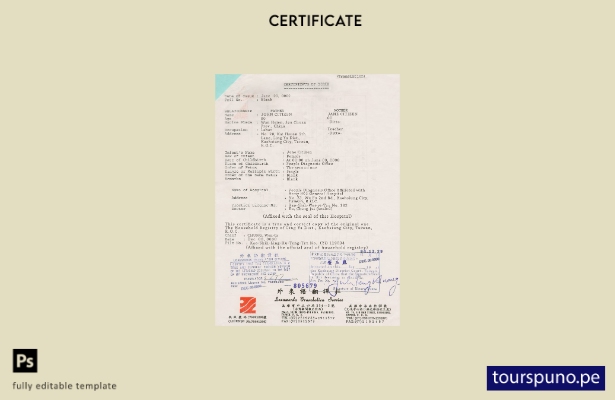 Plantilla de certificado de nacimiento de Taiwán lista para imprimir en formato