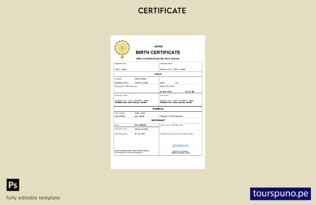 listo para imprimir Certificado de nacimiento de Japón Plantilla en Word y PDF,