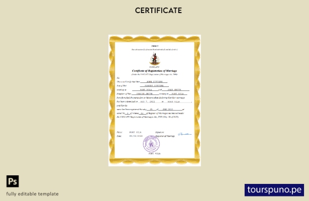 listo para imprimir Plantilla de plantilla de certificado de matrimonio de Vanua