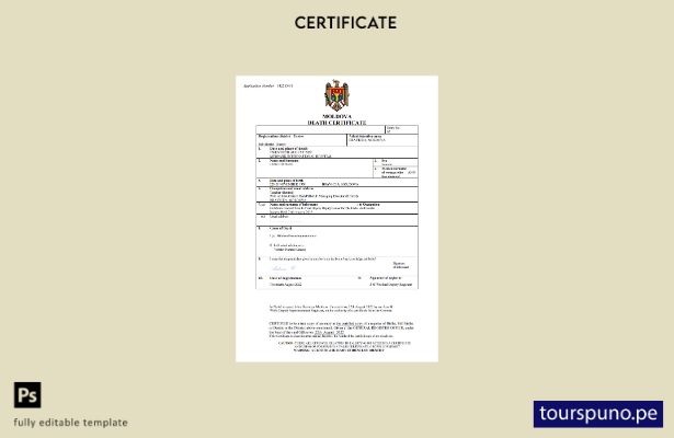 listo para imprimir certificado de defunción de Moldavia Plantilla en Word y PDF