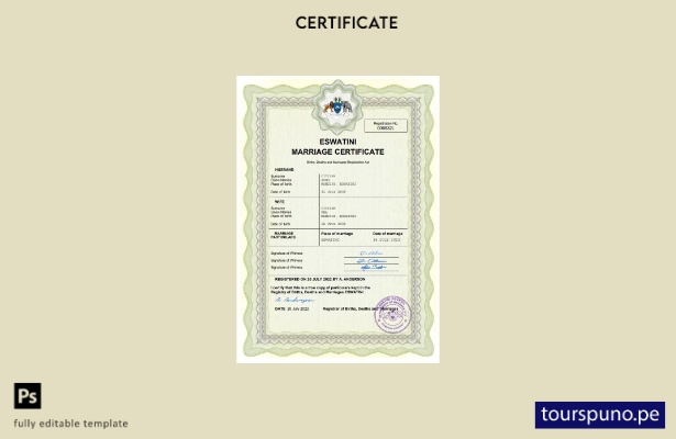 listo para imprimir certificado de matrimonio de Eswatini Plantilla en Word y PD