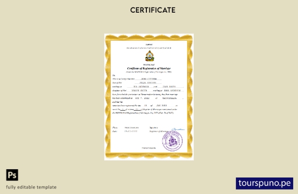 listo para imprimir certificado de matrimonio de Honduras Plantilla Word y PDF