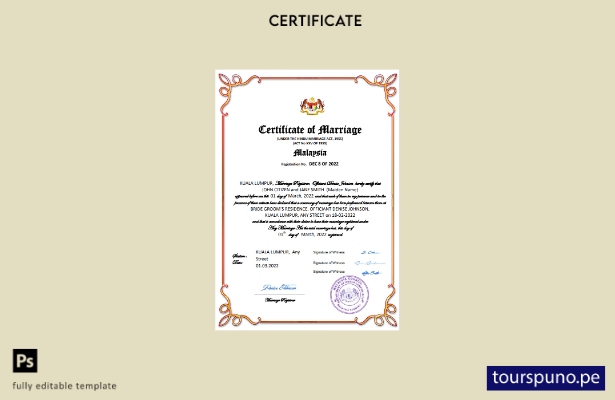 listo para imprimir certificado de matrimonio de Malasia Plantilla en Word y PDF