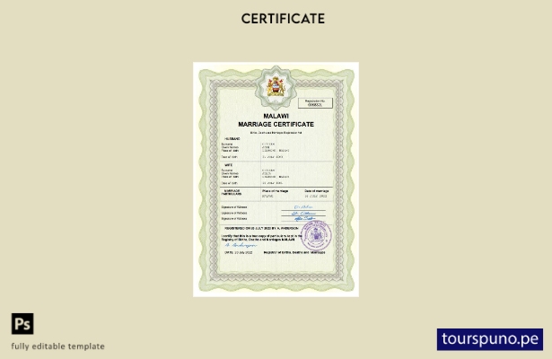 listo para imprimir certificado de matrimonio de Malawi Plantilla en Word y PDF