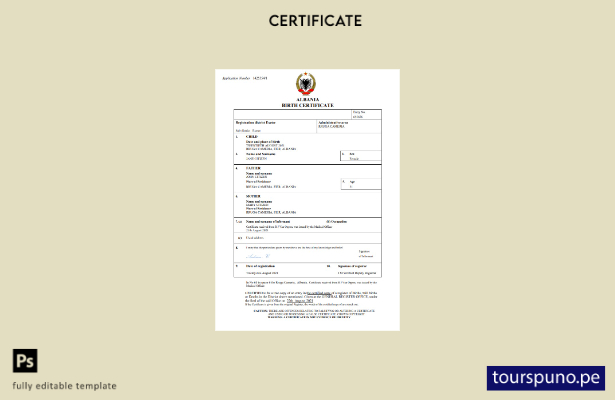 listo para imprimir certificado de nacimiento de Albania Plantilla en Word y PDF