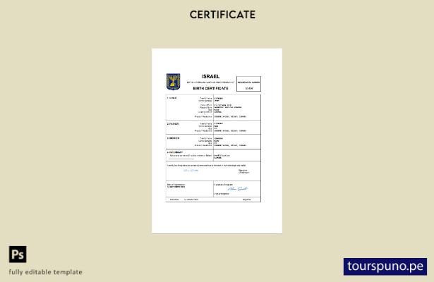 listo para imprimir certificado de nacimiento del registro civil de Israel Plant