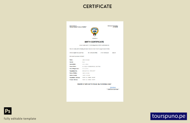 listo para imprimir certificado de nacimiento del registro civil de Kuwait Plant