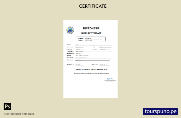listo para imprimir certificado de nacimiento del registro civil de Micronesia P