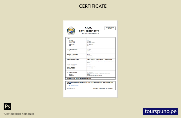 listo para imprimir certificado de nacimiento del registro civil de Nauru Planti