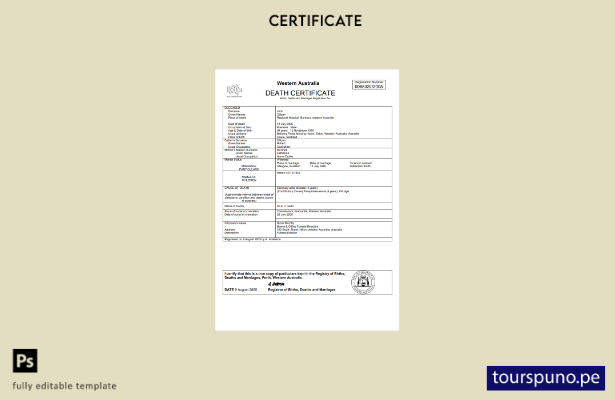listo para imprimir la plantilla de certificado de defunción de Australia Occide