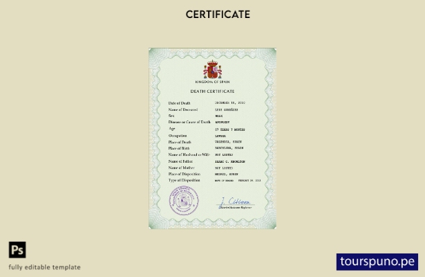 listo para imprimir plantilla PSD de certificado de defunción de España
