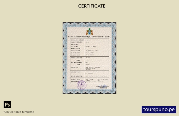 listo para imprimir plantilla PSD de certificado de defunción de Gambia