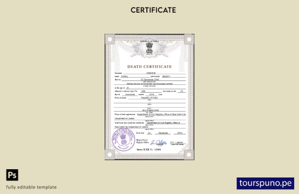 listo para imprimir plantilla PSD de certificado de defunción de India, plantill