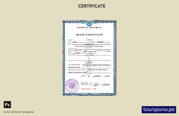 listo para imprimir plantilla PSD de certificado de defunción de Kirguistán