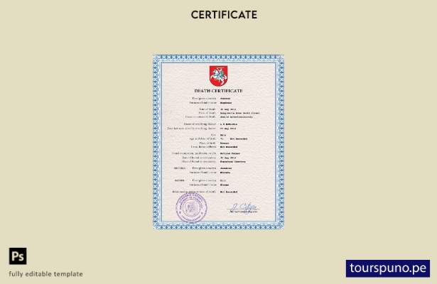 listo para imprimir plantilla PSD de certificado de defunción de Lituania