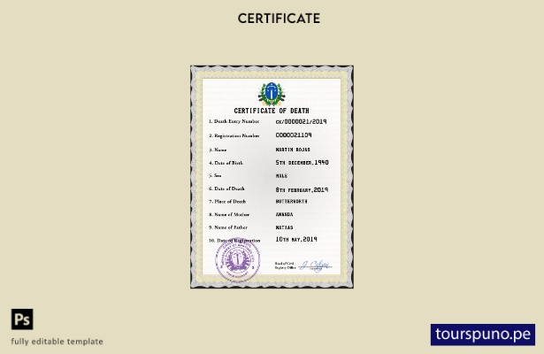 listo para imprimir plantilla PSD de certificado de defunción de registro civi 1