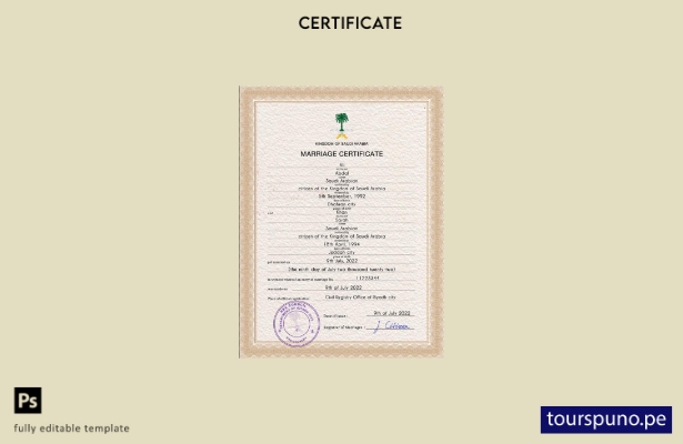 listo para imprimir plantilla PSD de certificado de matrimonio de Arabia Saudita