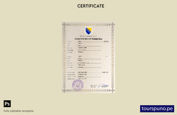 listo para imprimir plantilla PSD de certificado de matrimonio de Bosnia y Herze