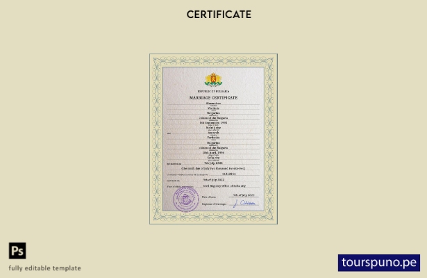 listo para imprimir plantilla PSD de certificado de matrimonio de Bulgaria, plan