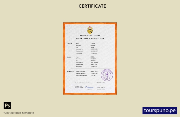 listo para imprimir plantilla PSD de certificado de matrimonio de Túnez