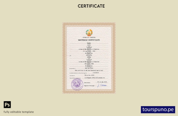 listo para imprimir plantilla PSD de certificado de matrimonio de Tayikistán