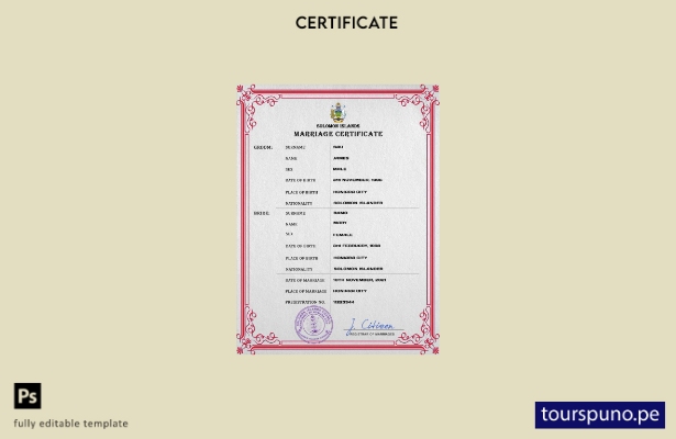 listo para imprimir plantilla PSD de certificado de matrimonio de las Islas Salo