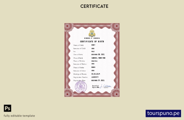 listo para imprimir plantilla PSD de certificado de nacimiento de Camboya