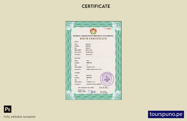listo para imprimir plantilla PSD de certificado de nacimiento de Etiopía
