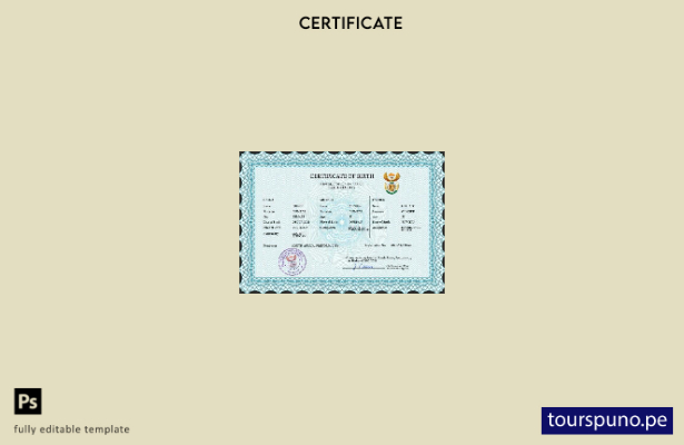 listo para imprimir plantilla PSD de certificado de nacimiento de Sudáfrica