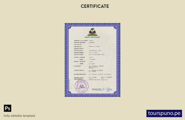 listo para imprimir plantilla PSD del certificado de defunción de Haití