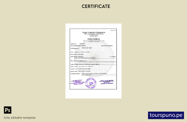 listo para imprimir plantilla de certificado de defunción de Bangladesh en forma