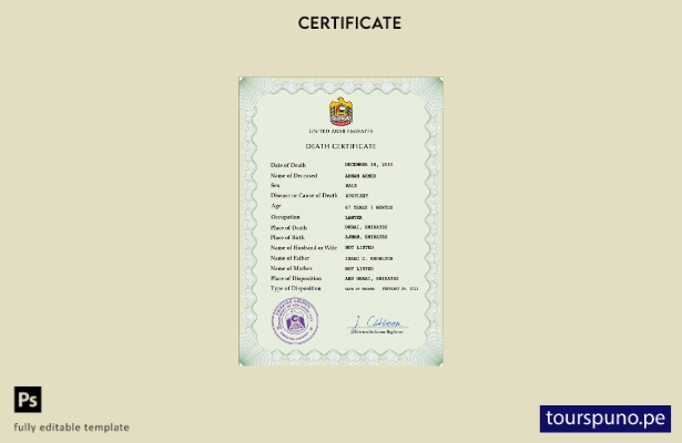 listo para imprimir plantilla de plantilla PSD de certificado de defunción de  1