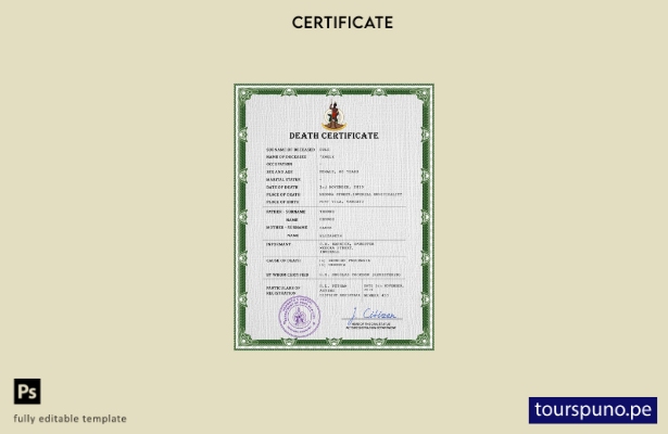 listo para imprimir plantilla de plantilla PSD de certificado de defunción de  4