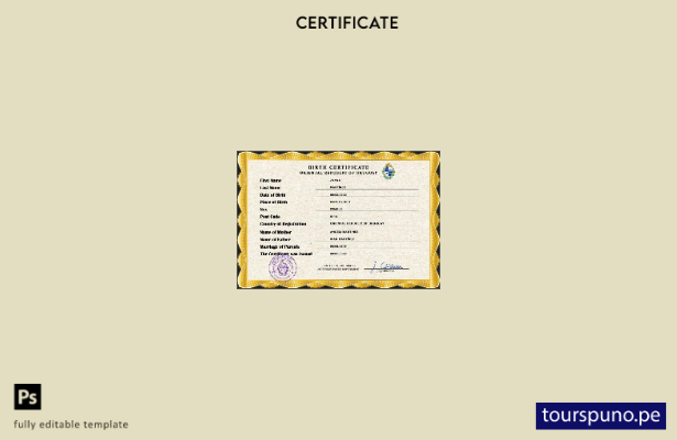 listo para imprimir plantilla de plantilla PSD de certificado de nacimiento de 3