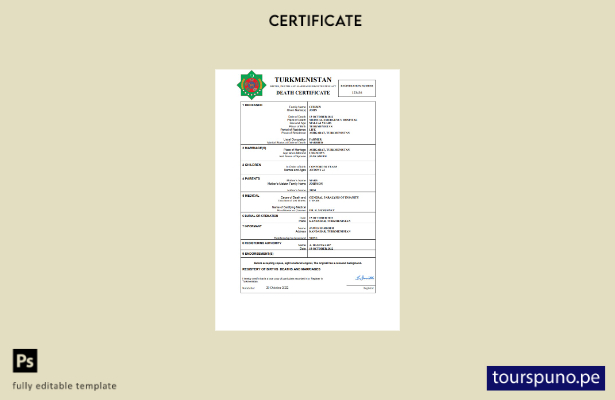 listo para imprimir plantilla de plantilla de certificado de defunción de Turkme