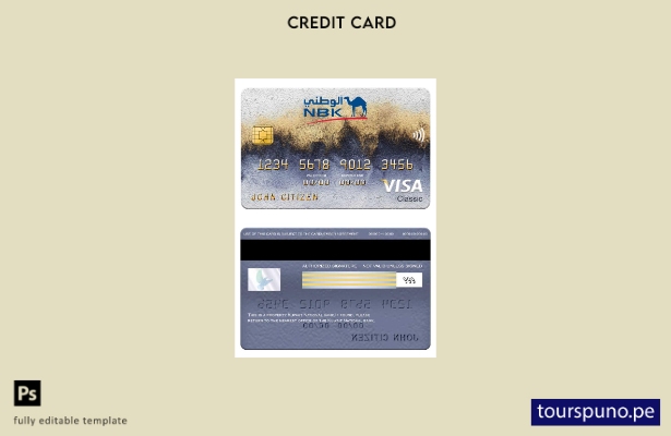 lista para imprimir plantilla de tarjeta clásica visa del Banco Nacional de Kuwa