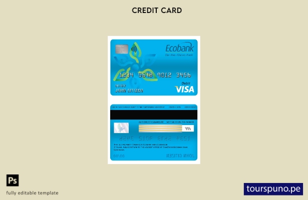 lista para imprimir plantilla de tarjeta de débito visa bancaria Ecobank de Came